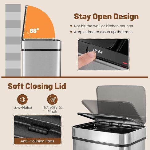 Goplus 19 Gal Stainless Steel Trash Can, 72 L Volume in 4 Containers, Motion Sensor Trash Bin w/Kitchen Waste Bin & 2 Bottom Recycling Bins, Touchless Garbage Can w/Soft Close Lid, Battery Operated in Saudi Arabia
