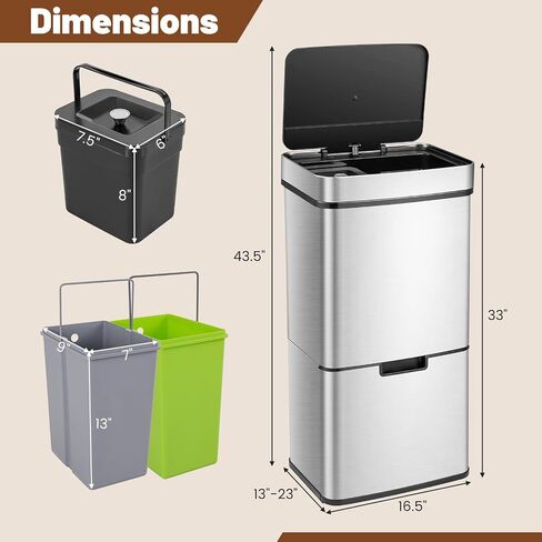 Goplus 19 Gal Stainless Steel Trash Can, 72 L Volume in 4 Containers, Motion Sensor Trash Bin w/Kitchen Waste Bin & 2 Bottom Recycling Bins, Touchless Garbage Can w/Soft Close Lid, Battery Operated in Saudi Arabia