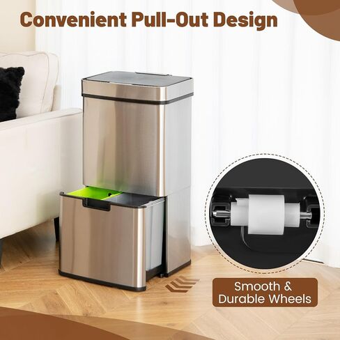 Goplus 19 Gal Stainless Steel Trash Can, 72 L Volume in 4 Containers, Motion Sensor Trash Bin w/Kitchen Waste Bin & 2 Bottom Recycling Bins, Touchless Garbage Can w/Soft Close Lid, Battery Operated in Saudi Arabia