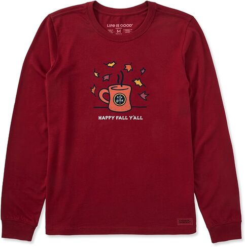 Life is Good. Women's Happy Fall Y'all Mug Long Sleeve Crusher Tee, Adirondack Red in Saudi Arabia