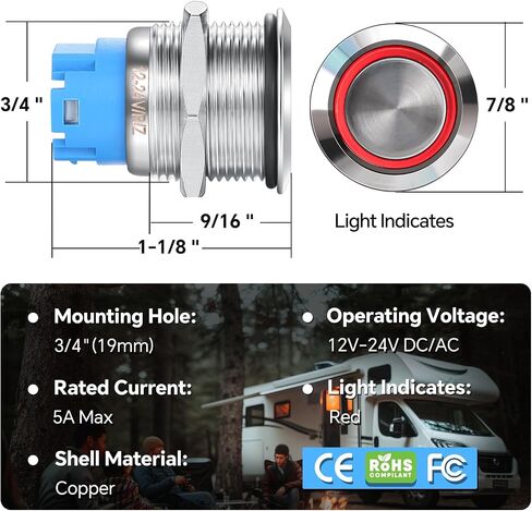 ACEGOO 19MM 12V ON/OFF SWITTE 10A زر الضغط على SPST SPST SPST LOCKLITE LOCKING LOCKING RV BOAT TRACK AUTOMOTIVE ، 7 "Pigtain Pigtain 3/4" Hole Shell 12V/24V (Black-1pcs) in Kuwait