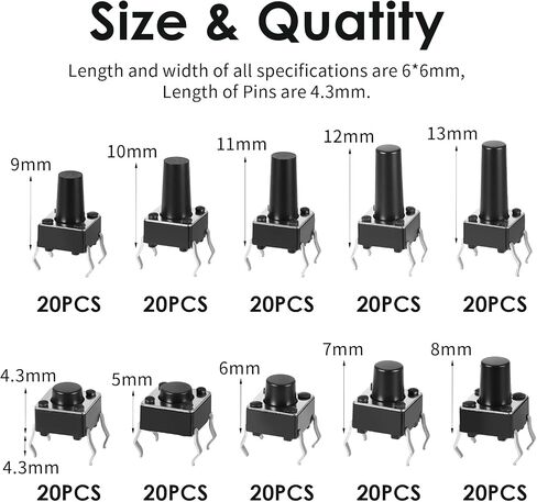 200 PCS مفاتيح اللمسية 10 قيمة 4 دبابيس 6 × 6 مم Micro لحظة التبديل in Saudi Arabia