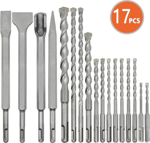 6Pcs SDS Plus Rotary Hammer Drill Bit Set,Concrete Drill Bit Kit with Point Chisel,Flat Chisel,Cross Type Double Thread Carbide Material for Concrete,Stone,Brick,5/32 3/16 1/4 3/8" in Saudi Arabia