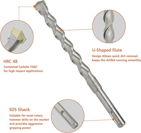 6Pcs SDS Plus Rotary Hammer Drill Bit Set,Concrete Drill Bit Kit with Point Chisel,Flat Chisel,Cross Type Double Thread Carbide Material for Concrete,Stone,Brick,5/32 3/16 1/4 3/8" in Saudi Arabia