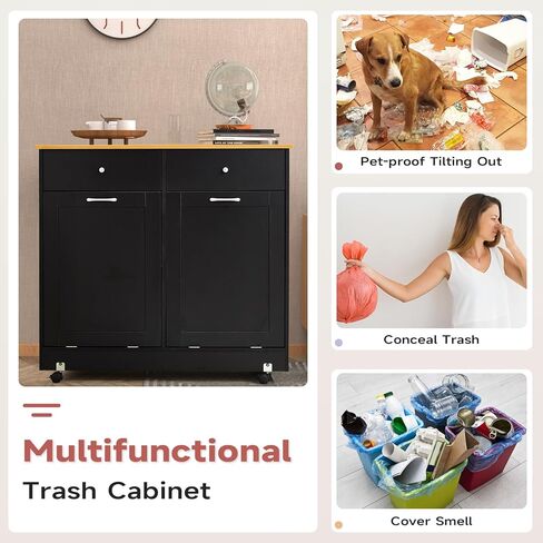 EROMMY Double Tilt Out Trash Can Can Fabing ، 10+9 Gallon Wooden Kitchen Garbage Bin مع وظيفة إزالة الروائح الكريهة ، خزانة تخزين إعادة التدوير مع درج مخبأ لغرفة المعيشة والحمام in Kuwait