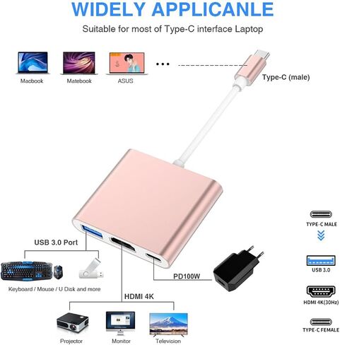 CASOLU USB C/Type C to HDMI Adapter, Thumderbolt 3 to HDMI 4K Adapter, USB-C Digital AV Multiport Adapter for Mac/MacBook/iPad Pro/ S20/S10+/Projector with USB 3.0 Port and PD Quick Charging Port in Saudi Arabia