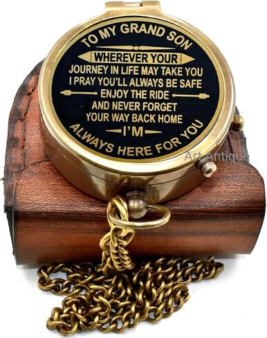 Brass Compass with Inspirational Grandson Message, Vintage Chain, Antique Style Brass Nautical Compass Gift for Birthday Anniversary Chrisptmas Day Gift in Saudi Arabia