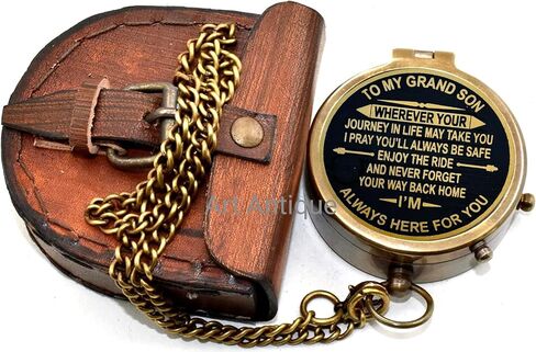 Brass Compass with Inspirational Grandson Message, Vintage Chain, Antique Style Brass Nautical Compass Gift for Birthday Anniversary Chrisptmas Day Gift in Saudi Arabia