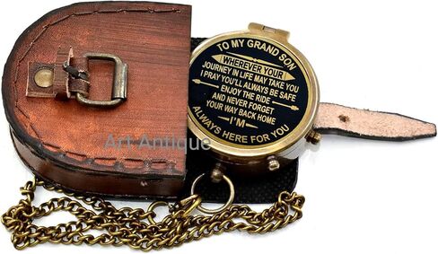Brass Compass with Inspirational Grandson Message, Vintage Chain, Antique Style Brass Nautical Compass Gift for Birthday Anniversary Chrisptmas Day Gift in Saudi Arabia