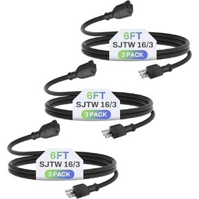 BN-LINK 6ft Indoor Outdoor Extension Cord 16/3 SJTW, 2 Pack, Black, 3-Prong, Weather Resistant & Flame Retardant, for Indoor, Garden, Landscaping & Holiday Decorations, ETL in Kuwait