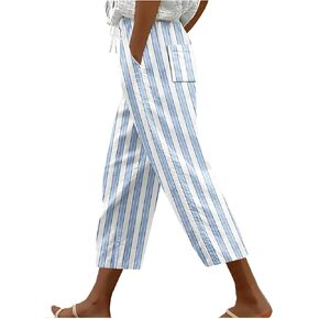 Stripe Color Block Capri Pants for Women Casual Straight Leg Capri Pants Drawstring Elastic Waist Cropped Trousers in Kuwait