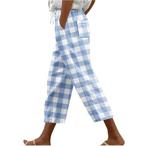 Stripe Color Block Capri Pants for Women Casual Straight Leg Capri Pants Drawstring Elastic Waist Cropped Trousers in Saudi Arabia