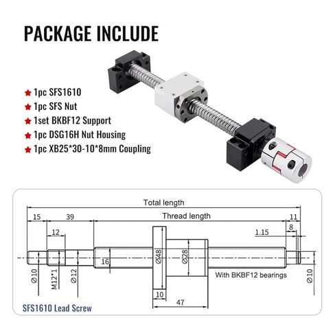 Linear Motion Ball Screw Precision Part SFS1610 C7 Ball Screw 100-1000mm with Machined+1610 Ball Screw+Nut Housing+BKBF12 End Bracket+ Coupler(300mm) in Kuwait