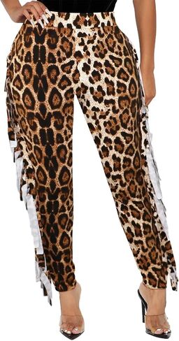 Women's High Waisted Fringe Pants Casual Going Out Rave Club Outfits Leopard Tassels Yoga Leggings Sweatpants in Saudi Arabia