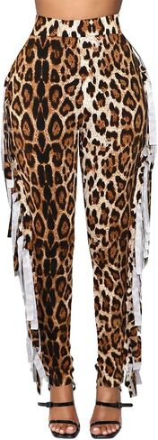 Women's High Waisted Fringe Pants Casual Going Out Rave Club Outfits Leopard Tassels Yoga Leggings Sweatpants in Saudi Arabia