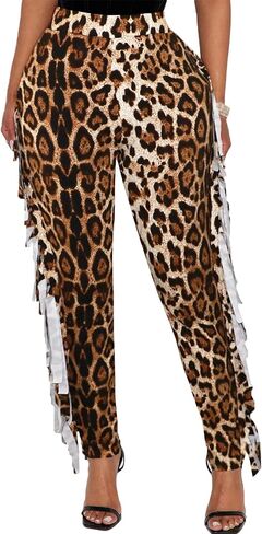 Women's High Waisted Fringe Pants Casual Going Out Rave Club Outfits Leopard Tassels Yoga Leggings Sweatpants in Saudi Arabia