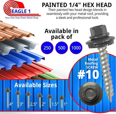 EAGLE 1 Metal Roofing Screws #10 - Painted Hex Head Self-Tapping Screws with EDPM Rubber Washer for Metal to Wood, Vinyl, Small Sheet Metal - Free Magnetic Driver (Charcoal Grey, 1.5 Inch, 250) in Saudi Arabia