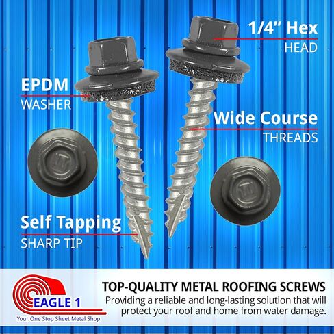 EAGLE 1 Metal Roofing Screws #10 - Painted Hex Head Self-Tapping Screws with EDPM Rubber Washer for Metal to Wood, Vinyl, Small Sheet Metal - Free Magnetic Driver (Charcoal Grey, 1.5 Inch, 250) in Saudi Arabia