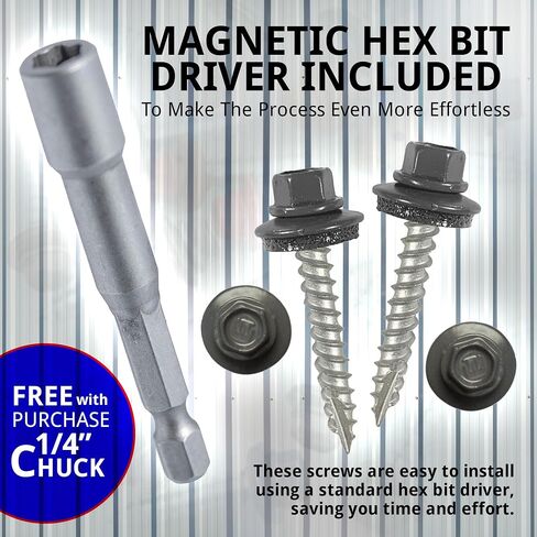 EAGLE 1 Metal Roofing Screws #10 - Painted Hex Head Self-Tapping Screws with EDPM Rubber Washer for Metal to Wood, Vinyl, Small Sheet Metal - Free Magnetic Driver (Charcoal Grey, 1.5 Inch, 250) in Saudi Arabia