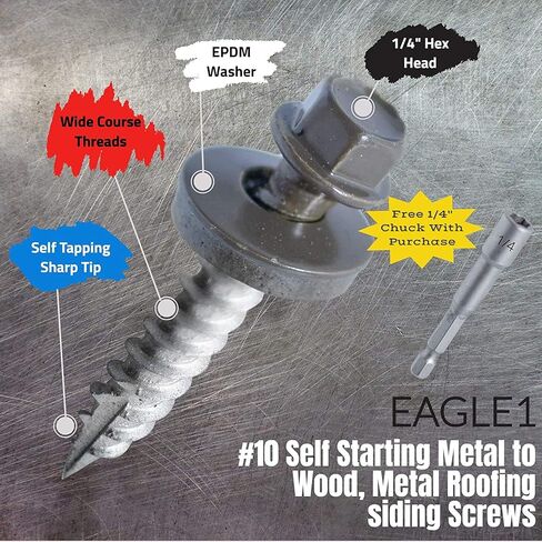 EAGLE 1 Metal Roofing Screws #10 - Painted Hex Head Self-Tapping Screws with EDPM Rubber Washer for Metal to Wood, Vinyl, Small Sheet Metal - Free Magnetic Driver (Charcoal Grey, 1.5 Inch, 250) in Saudi Arabia