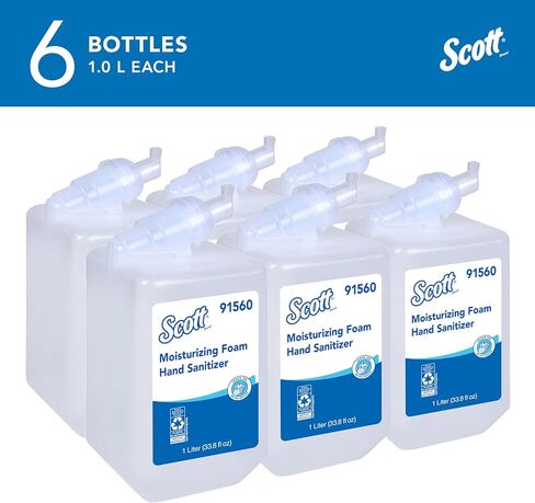 Scott Professional Moisturizing Foam Hand Sanitizer (91560), 1.0 L, Foaming, Clear, Fresh Scent Manual Soap Refills, NSF E-3 (6 Bottles) in Kuwait