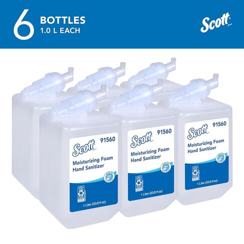 Scott Professional Moisturizing Foam Hand Sanitizer (91560), 1.0 L, Foaming, Clear, Fresh Scent Manual Soap Refills, NSF E-3 (6 Bottles) in Kuwait