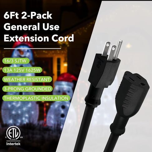 BN-LINK 6ft Indoor Outdoor Extension Cord 16/3 SJTW, 2 Pack, Black, 3-Prong, Weather Resistant & Flame Retardant, for Indoor, Garden, Landscaping & Holiday Decorations, ETL in Kuwait