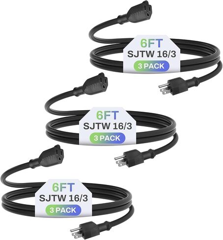 BN-LINK 6ft Indoor Outdoor Extension Cord 16/3 SJTW, 2 Pack, Black, 3-Prong, Weather Resistant & Flame Retardant, for Indoor, Garden, Landscaping & Holiday Decorations, ETL in Kuwait