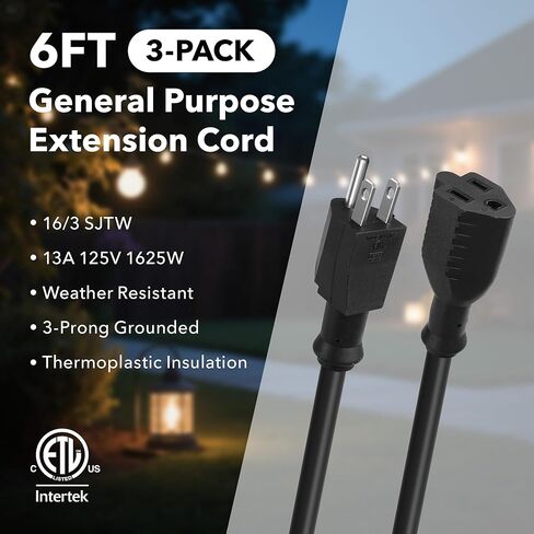 BN-LINK 6ft Indoor Outdoor Extension Cord 16/3 SJTW, 2 Pack, Black, 3-Prong, Weather Resistant & Flame Retardant, for Indoor, Garden, Landscaping & Holiday Decorations, ETL in Kuwait