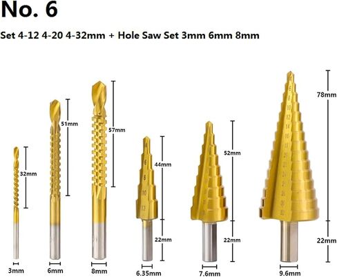 خطوة الحفر بتات مجموعة 3-13 -20 4-32 مم مع Center Punch Drill Titanuim Wood Metal Cone Bit Bet Cutter Set 1Set (No.6 Set) in Kuwait