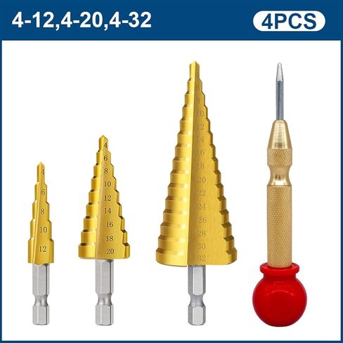 خطوة الحفر بتات مجموعة 3-13 -20 4-32 مم مع Center Punch Drill Titanuim Wood Metal Cone Bit Bet Cutter Set 1Set (No.6 Set) in Kuwait