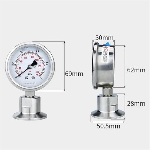 Manometer Bar/psi 1.5 inch (50.5mm) 2inch (64mm) Tri Clamp Diaphragm Pressure Gauge SS304 Stainless Steel Body SS316 Diaphragm(0-6Mpa,50.5mm) in Saudi Arabia