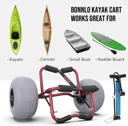 Bonnlo Kayak Cart Trolley Canoe Paddle Board Cart Carrier Dolly مع 12 "Big Beach Wheels Balloon Kayak Transport Cartable ، مضخة مجانية ، أحزمة راتشيت- مثالية للرمال الناعمة in Kuwait