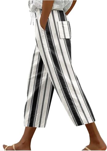 Stripe Color Block Capri Pants for Women Casual Straight Leg Capri Pants Drawstring Elastic Waist Cropped Trousers in Saudi Arabia