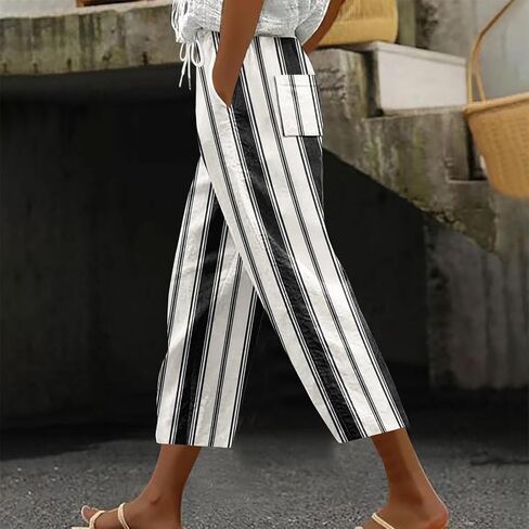Stripe Color Block Capri Pants for Women Casual Straight Leg Capri Pants Drawstring Elastic Waist Cropped Trousers in Saudi Arabia