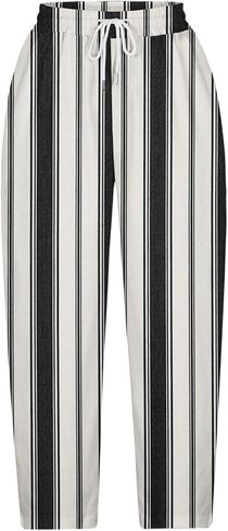 Stripe Color Block Capri Pants for Women Casual Straight Leg Capri Pants Drawstring Elastic Waist Cropped Trousers in Saudi Arabia