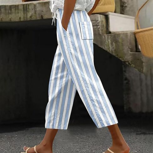Stripe Color Block Capri Pants for Women Casual Straight Leg Capri Pants Drawstring Elastic Waist Cropped Trousers in Kuwait