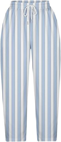 Stripe Color Block Capri Pants for Women Casual Straight Leg Capri Pants Drawstring Elastic Waist Cropped Trousers in Kuwait