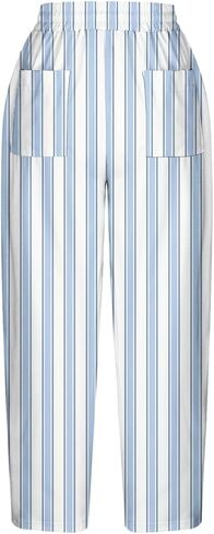 Stripe Color Block Capri Pants for Women Casual Straight Leg Capri Pants Drawstring Elastic Waist Cropped Trousers in Kuwait
