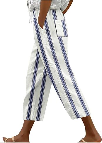 Stripe Color Block Capri Pants for Women Casual Straight Leg Capri Pants Drawstring Elastic Waist Cropped Trousers in Saudi Arabia