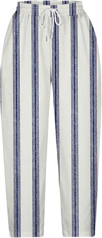 Stripe Color Block Capri Pants for Women Casual Straight Leg Capri Pants Drawstring Elastic Waist Cropped Trousers in Saudi Arabia