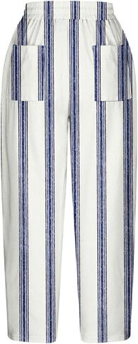 Stripe Color Block Capri Pants for Women Casual Straight Leg Capri Pants Drawstring Elastic Waist Cropped Trousers in Saudi Arabia