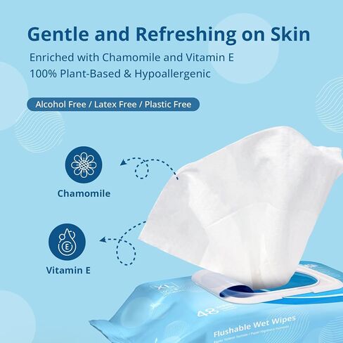 WhyWorry Flushable Wipes for Adults, Extra Large 8"x10" Butt Wipes for Toilet & Personal Cleansing, Chamomile and Vitamin E, 100% Plant-Based, Septic & Sewer Safe, Sea Incense, 144 Count (3 Packs) in Saudi Arabia