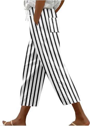Stripe Color Block Capri Pants for Women Casual Straight Leg Capri Pants Drawstring Elastic Waist Cropped Trousers in Saudi Arabia