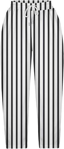 Stripe Color Block Capri Pants for Women Casual Straight Leg Capri Pants Drawstring Elastic Waist Cropped Trousers in Saudi Arabia