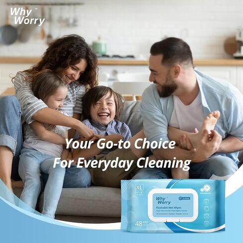WhyWorry Flushable Wipes for Adults, Extra Large 8"x10" Butt Wipes for Toilet & Personal Cleansing, Chamomile and Vitamin E, 100% Plant-Based, Septic & Sewer Safe, Sea Incense, 144 Count (3 Packs) in Saudi Arabia