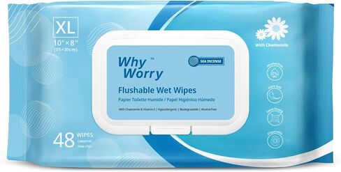 WhyWorry Flushable Wipes for Adults, Extra Large 8"x10" Butt Wipes for Toilet & Personal Cleansing, Chamomile and Vitamin E, 100% Plant-Based, Septic & Sewer Safe, Sea Incense, 144 Count (3 Packs) in Saudi Arabia