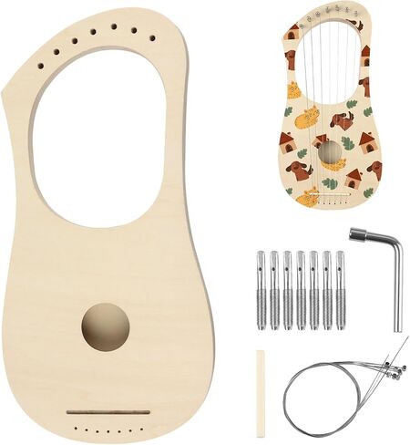 Lyre Harp 7 String DIY Kit, Wooden Instrument Kit Handmade with Basswood Body Strings Tuning Wrench Saddle Bridge Pins, Easy Assembly for Beginners and DIY Enthusiasts in Saudi Arabia