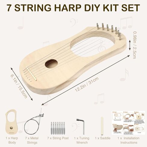 Lyre Harp 7 String DIY Kit, Wooden Instrument Kit Handmade with Basswood Body Strings Tuning Wrench Saddle Bridge Pins, Easy Assembly for Beginners and DIY Enthusiasts in Saudi Arabia