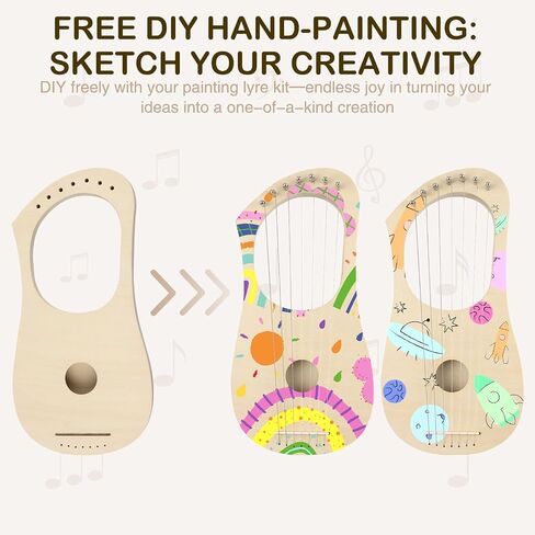 Lyre Harp 7 String DIY Kit, Wooden Instrument Kit Handmade with Basswood Body Strings Tuning Wrench Saddle Bridge Pins, Easy Assembly for Beginners and DIY Enthusiasts in Saudi Arabia